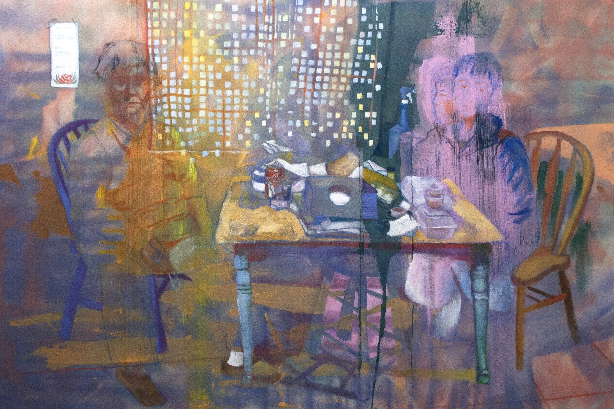 Post Breakfast at Meli's
Oil and spray paint on canvas
4 ft x 6 ft
2021