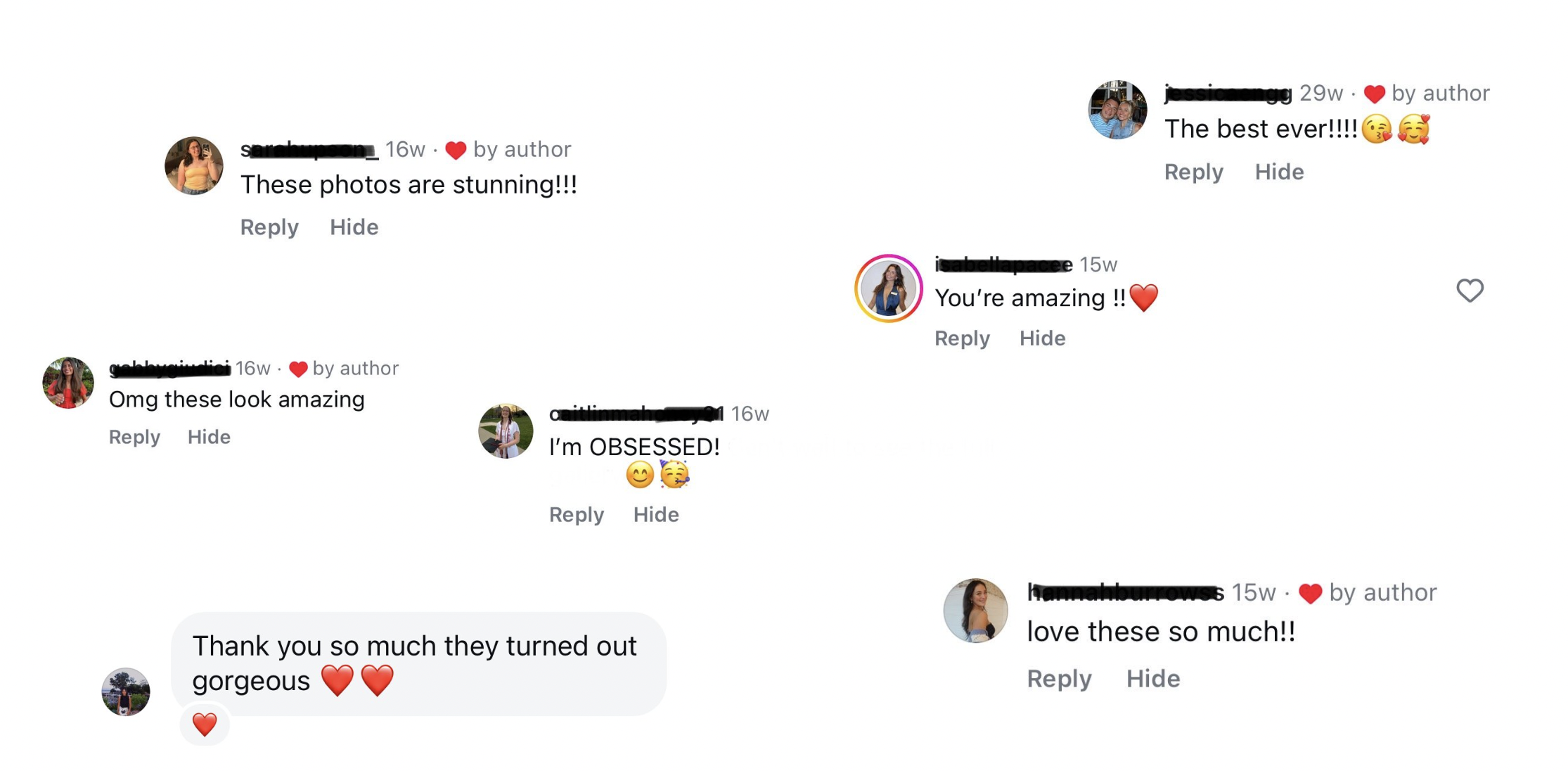 Screenshot of social media comments praising a series of photos, including phrases like "These photos are stunning", "You're amazing", "Omg these look amazing", and "I’m OBSESSED" with emojis such as hearts, kisses, and smiley faces.