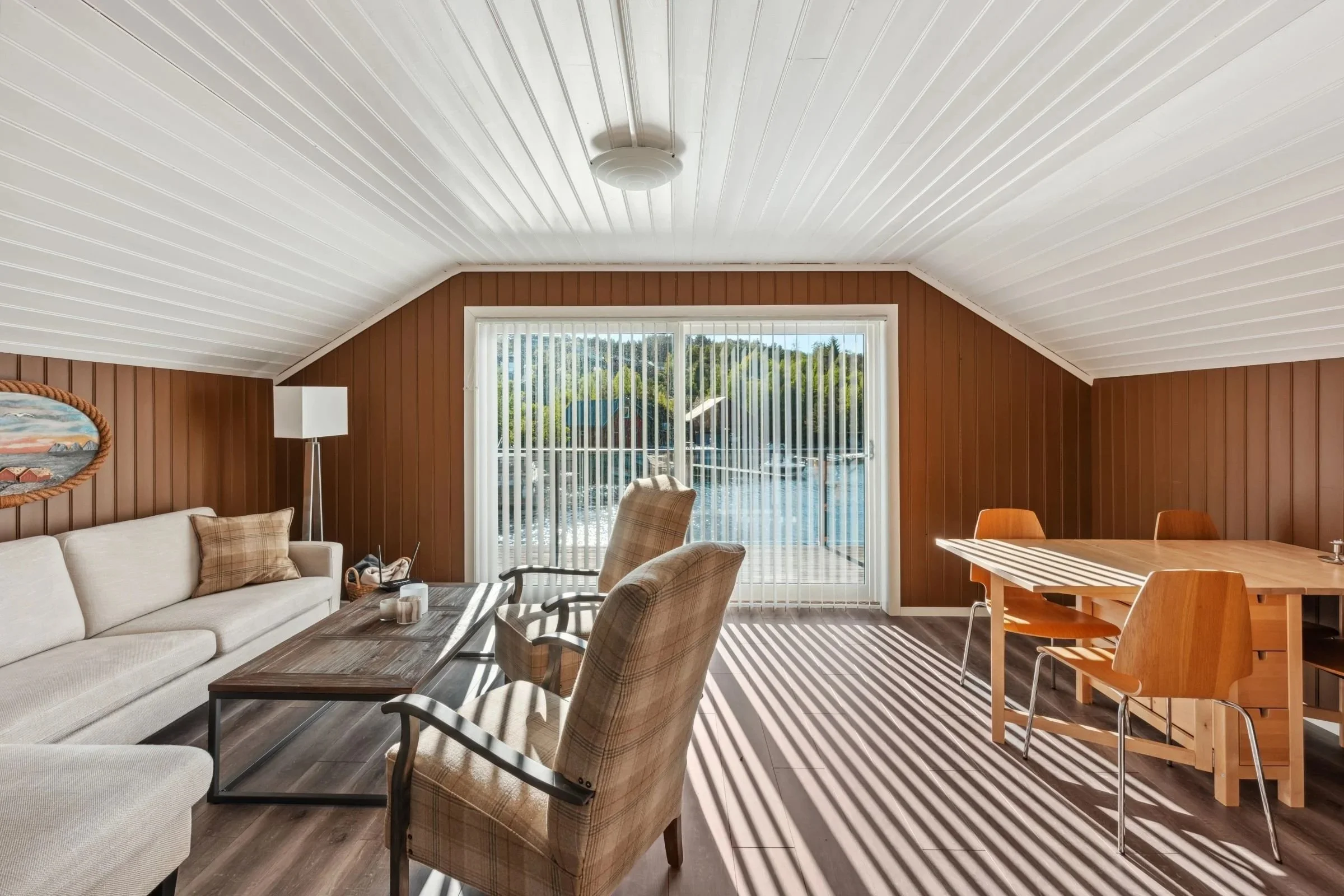 Living room in cabin at Furiholmen with sea view near Bergen