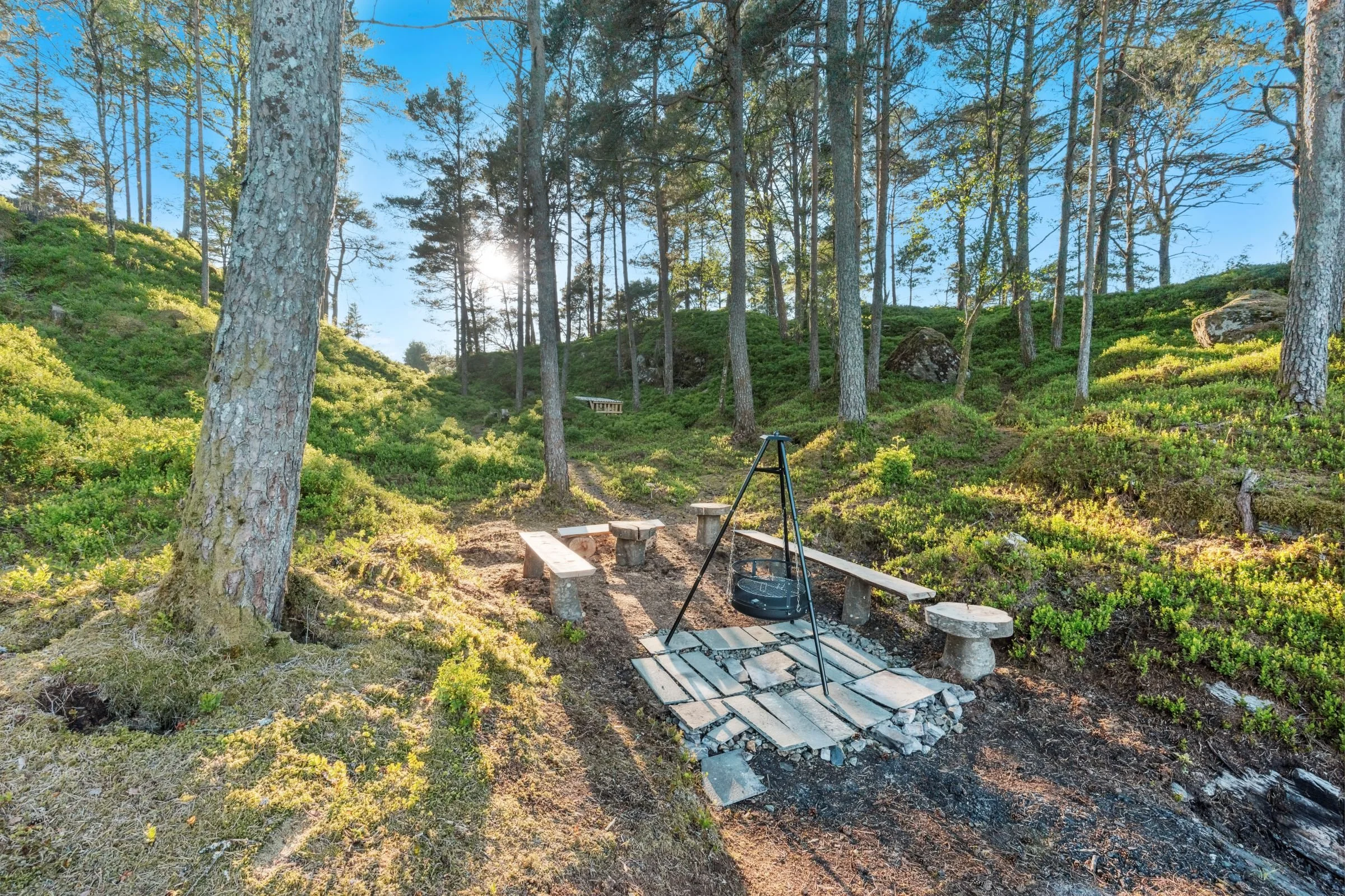 Outdoor campfire area at Furiholmen surrounded by forest and the sea