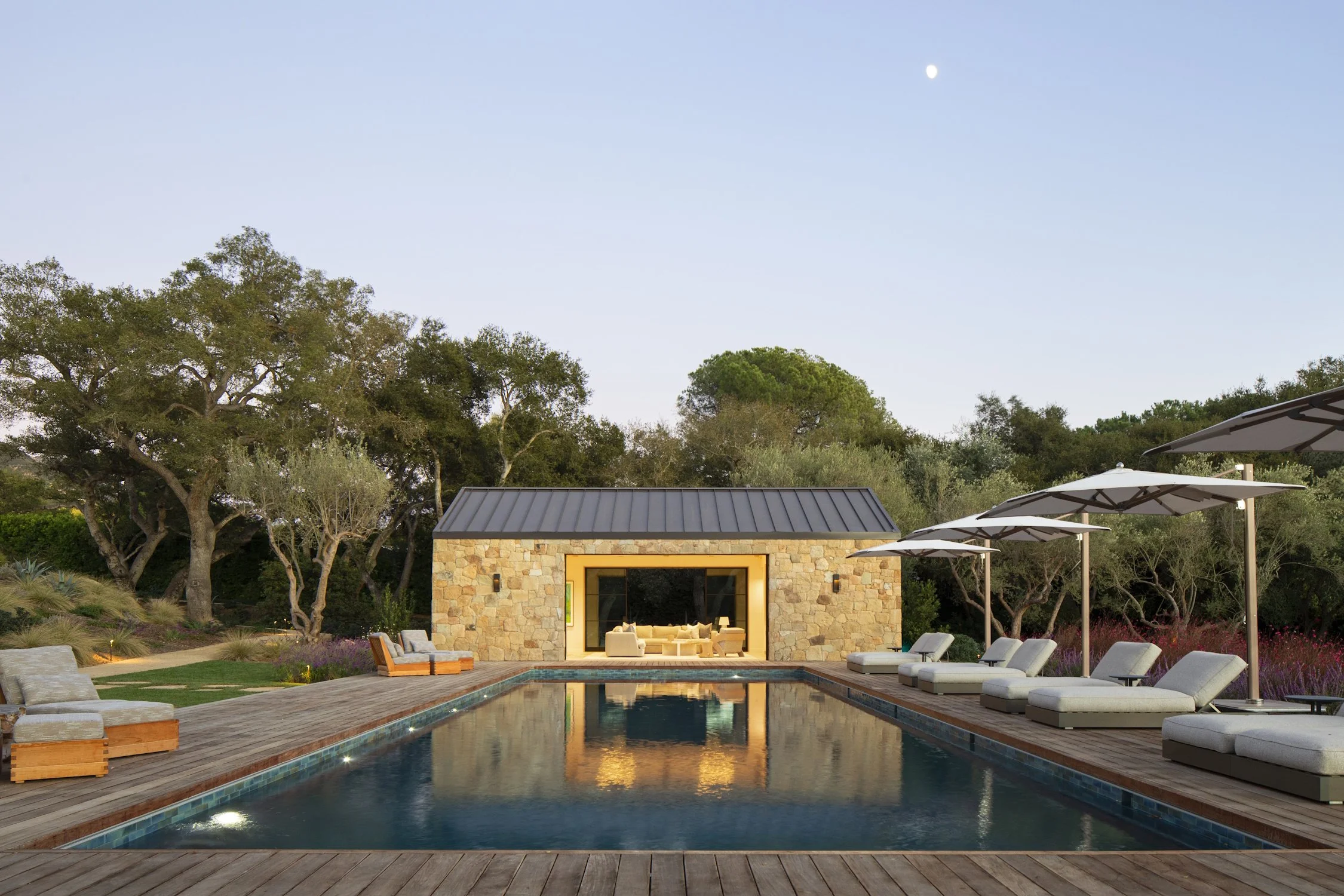 Architectural photography of a luxury pool with landscape lighting.