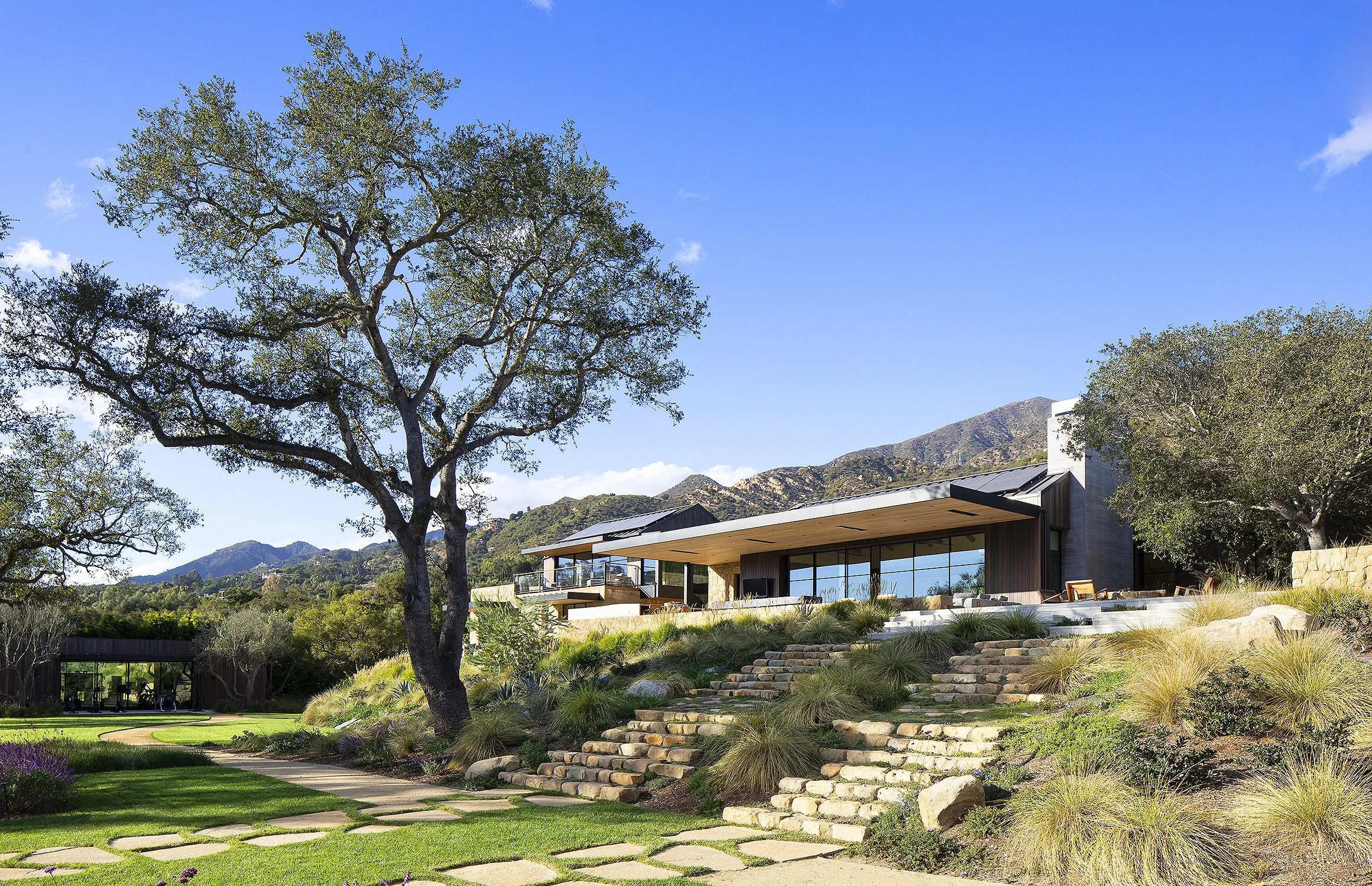 Rearview of a magnificent home in Montecito California 