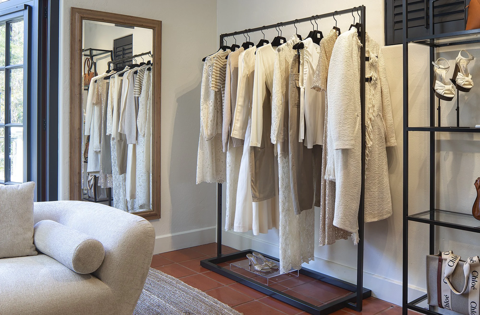 Women's clothing display on rack Sacks 5th Avenue showroom Santa Barbara, California 