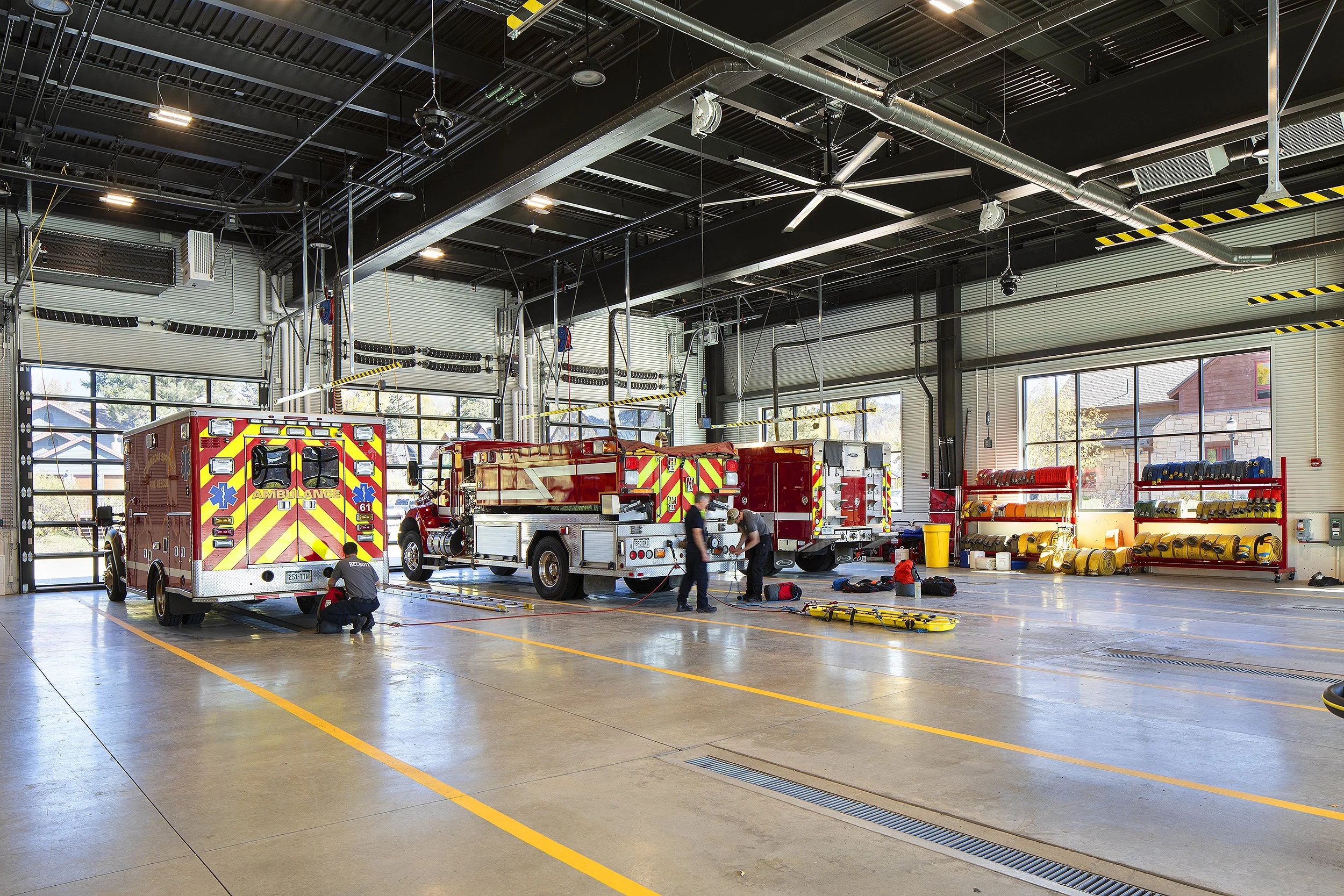 Steamboat Springs fire station and bay with fire trucks 