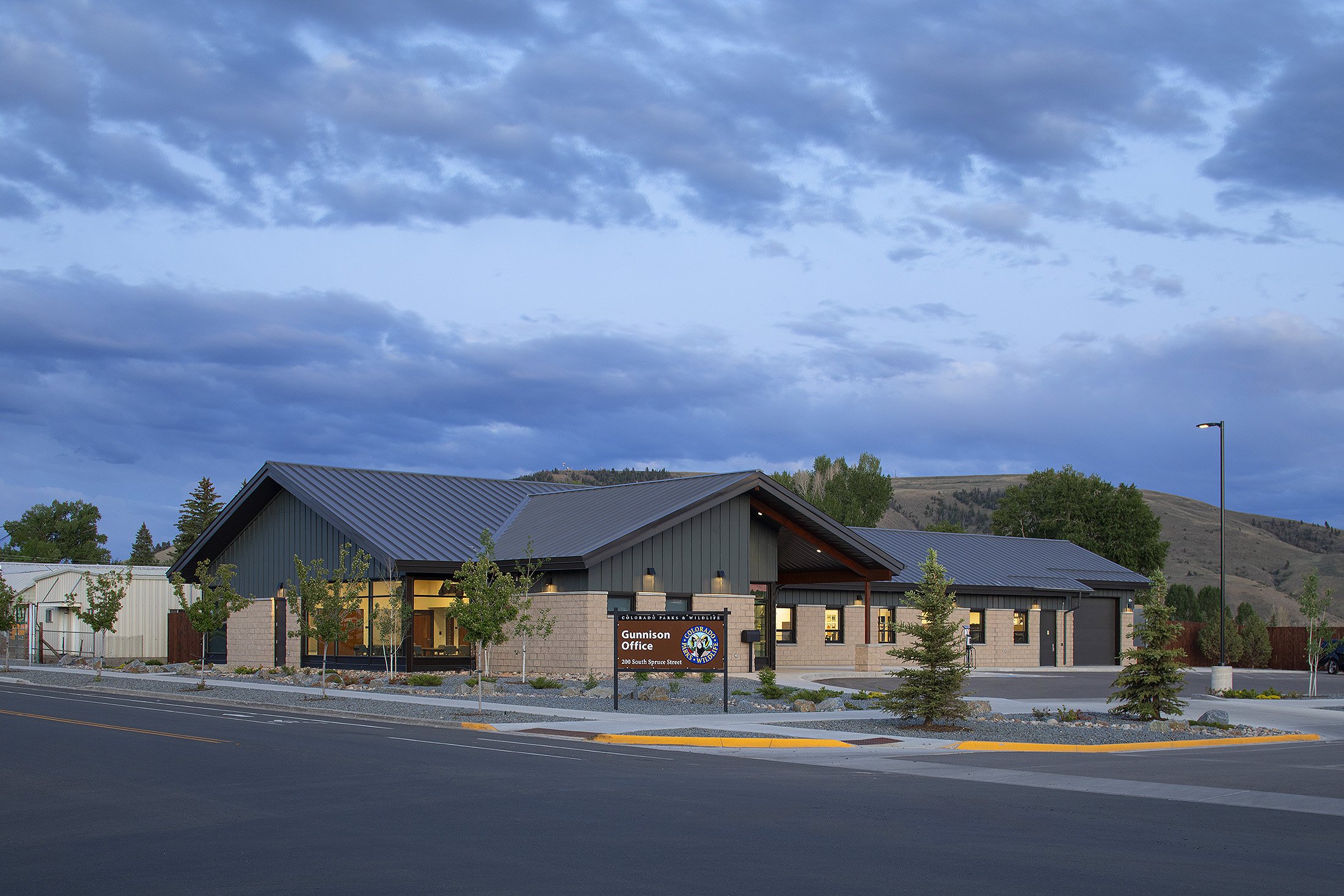 Gunnison Parks & Wildlife building exterior at dusk