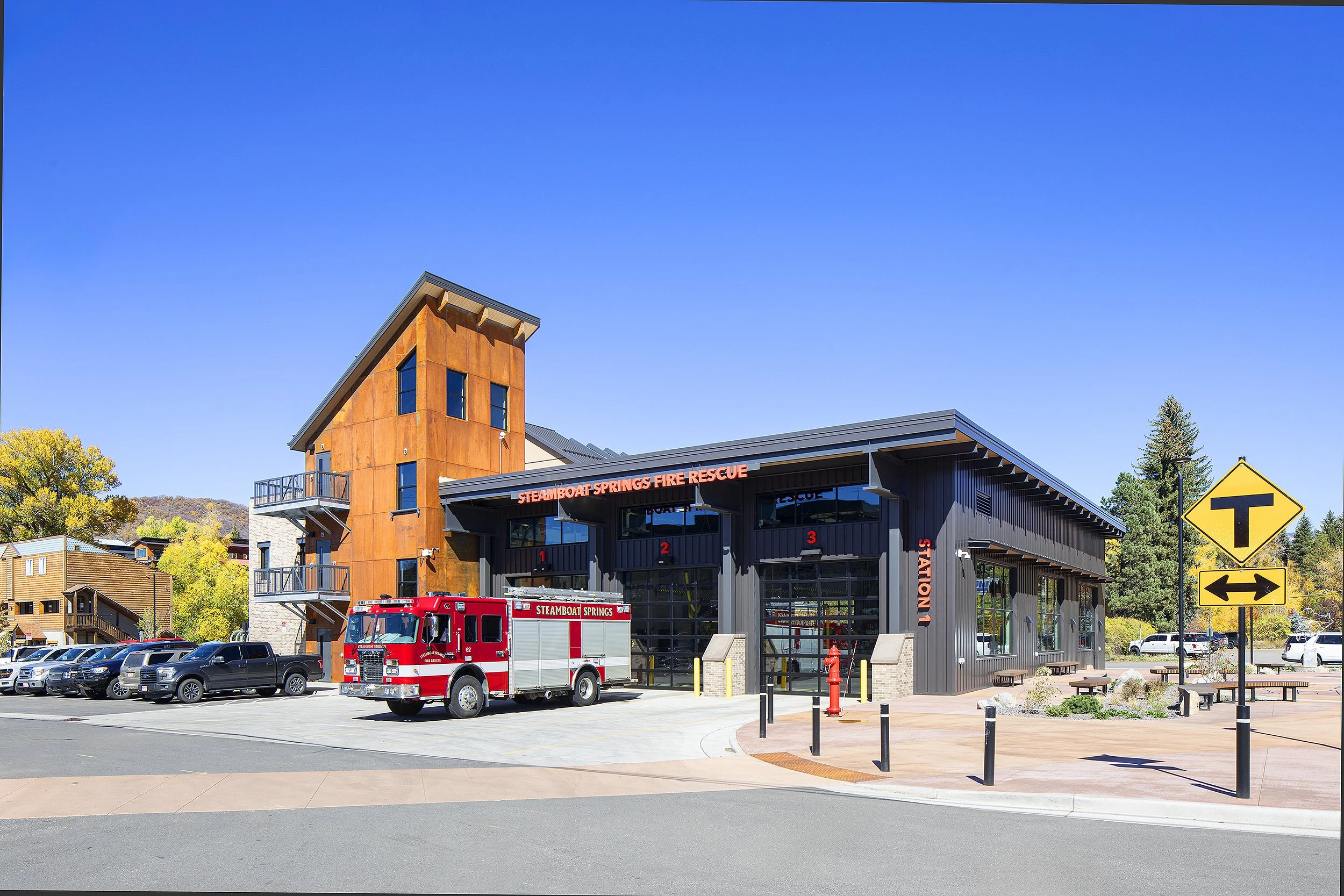 Steamboat Springs fire station with fire truck parked out front