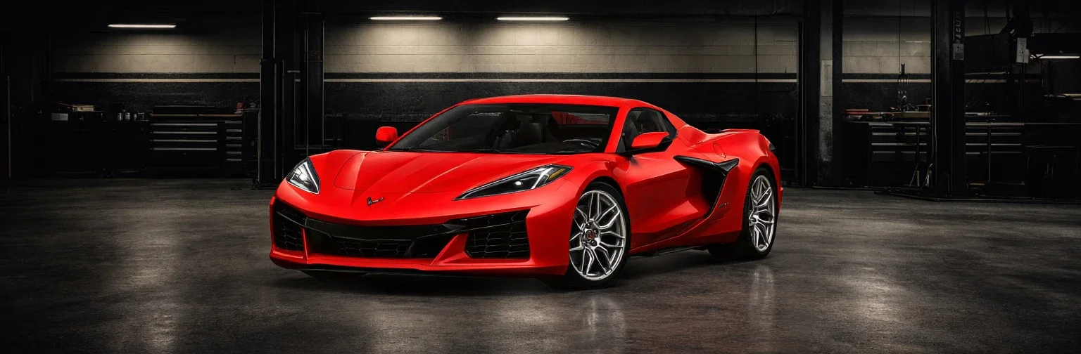 A white Chevrolet Corvette convertible driving on a race track during sunset.