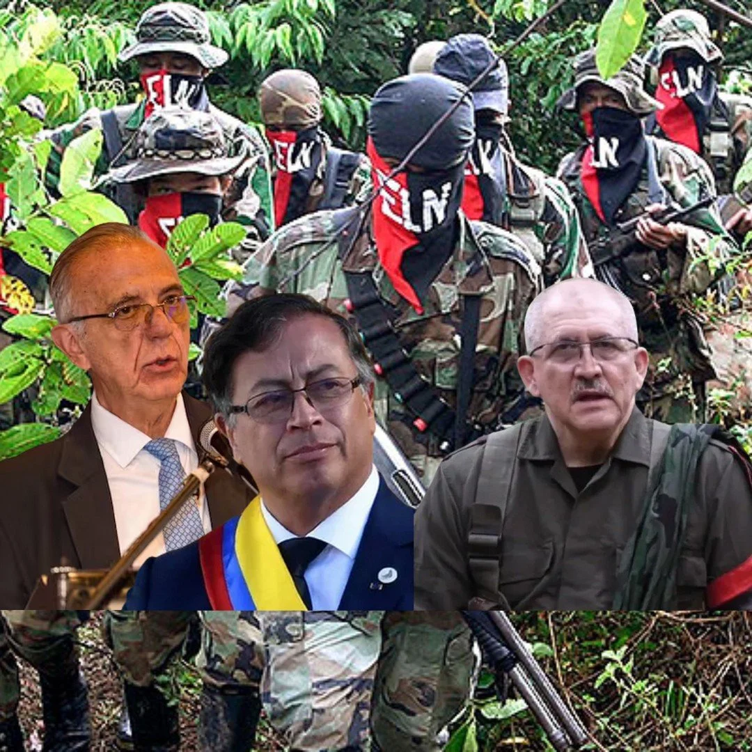 Grupo de soldados con máscaras en la selva y en la parte inferior, oficiales y soldados con armas caminando por la vegetación.