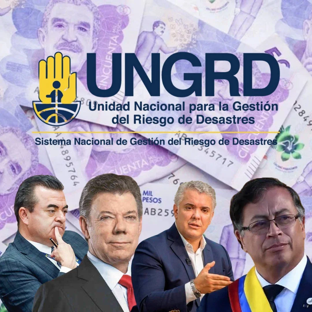 Cartel con fondo de billetes de peso mexicano, con la leyenda 'UNGARD Unidad Nacional para la Gestión del Riesgo de Desastres' y fotos de cuatro hombres en trajes formales.