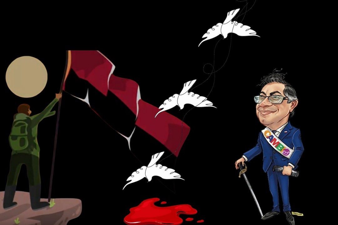 Caricatura de un hombre con maquillaje en un escenario negro, usando un saco azul y una banda de campaña que dice 'CUM' en colores, sosteniendo un bastón y un libro, junto a una figura que coloca una bandera con sangre y palomas de papel en vuelo.