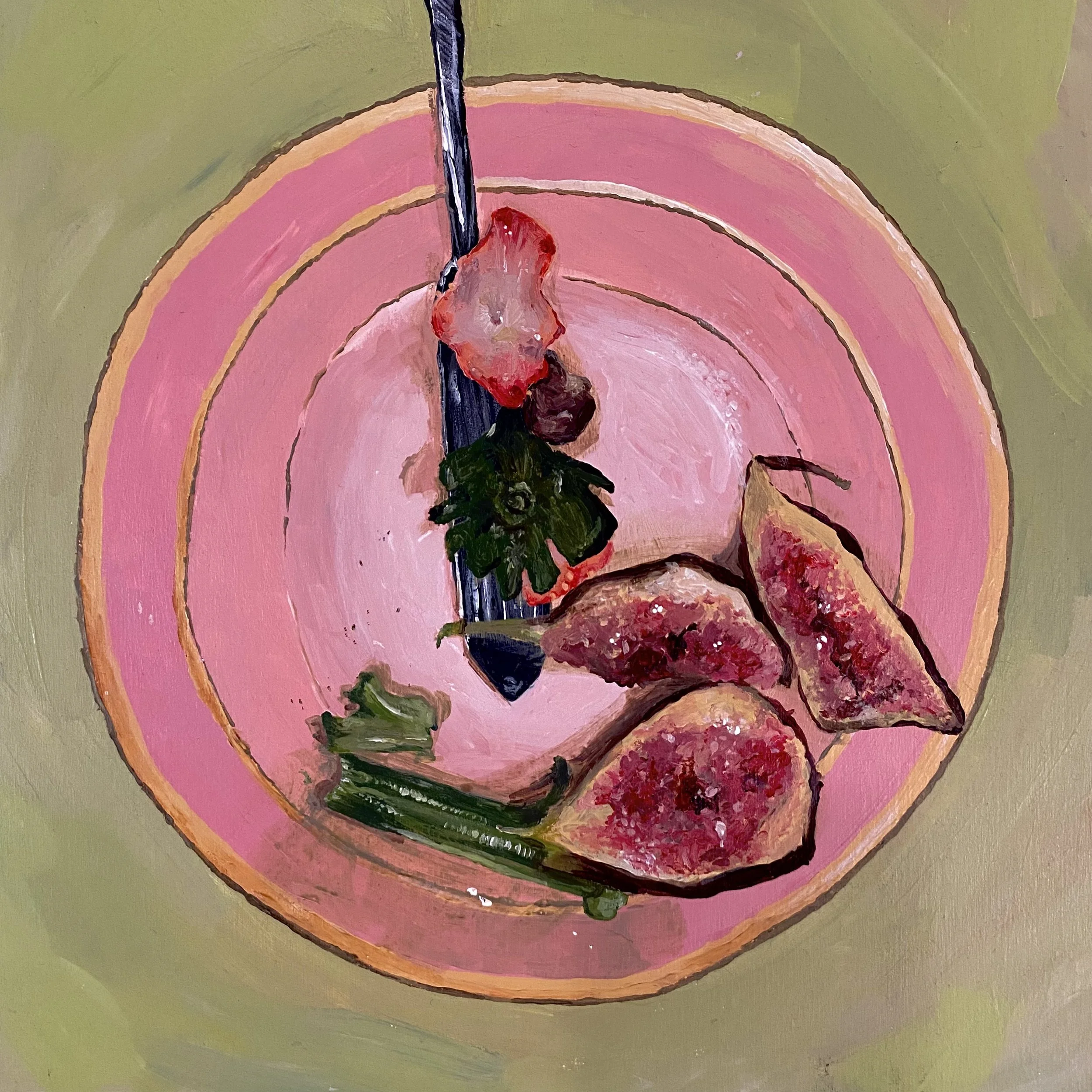 With Respect to the (Un)Finished Meal: Figs & Celery
Acrylic on wooden panel (2020), 12 x 12 inches