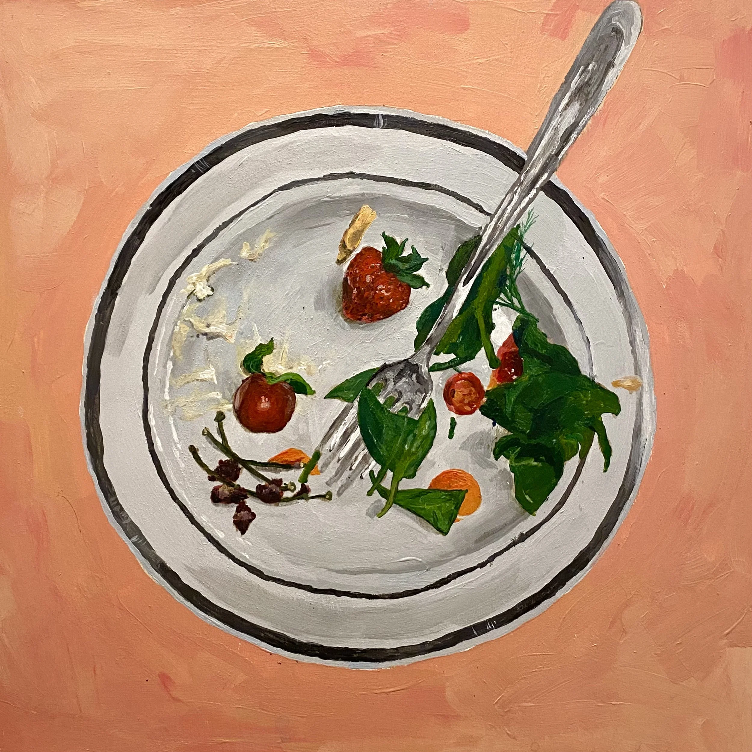 With Respect to the (Un)Finished Meal: Fruit Plater & Salad
Acrylic on wooden panel (2020), 12 x 12 inches