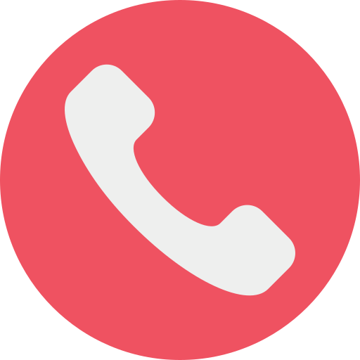 Icon of a white telephone receiver on a red circular background.