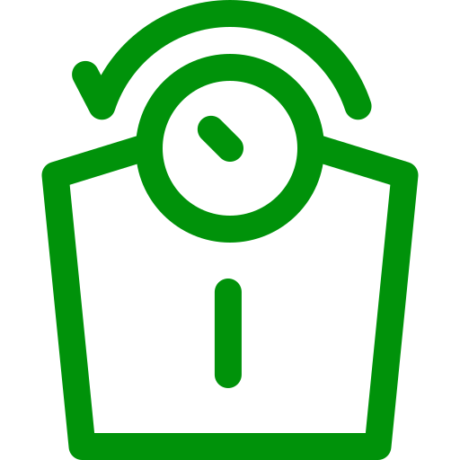 Green weighing scale icon with a clock and an exclamation mark.