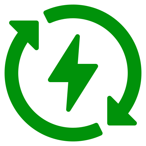 A green icon with a circular arrow surrounding a lightning bolt, representing renewable energy or eco-friendly power.