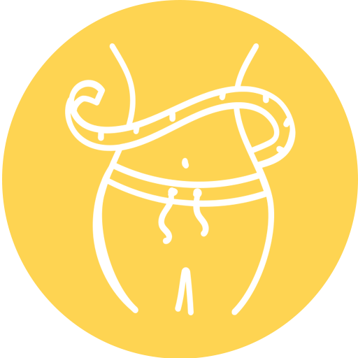 Minimalist illustration of a human torso with visible stomach, waist, and a coiled stomach tube or hose in white on a yellow circular background.