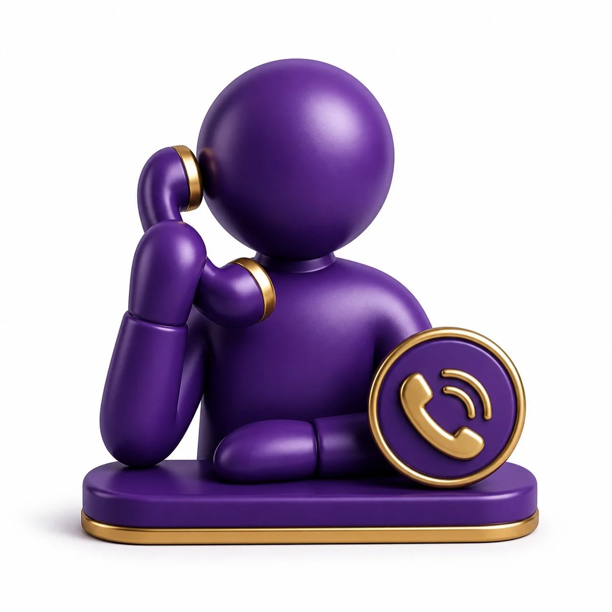 Purple 3D figure holding a phone to its ear with a phone icon next to it.