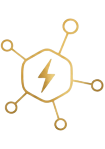 Stylized icon of a central hexagon with a lightning bolt inside, connected to five surrounding circles by lines, representing a network or connection.