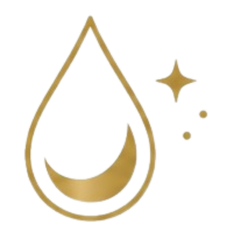 A gold outline of a water droplet with a reflection inside, accompanied by three small star-like sparkles