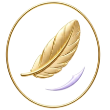 Illustration of a quill pen and a small ink droplet inside a circular frame.