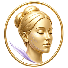 Illustration of a woman's face with dotted lines indicating a cosmetic or skincare treatment area, within a gold circular border.