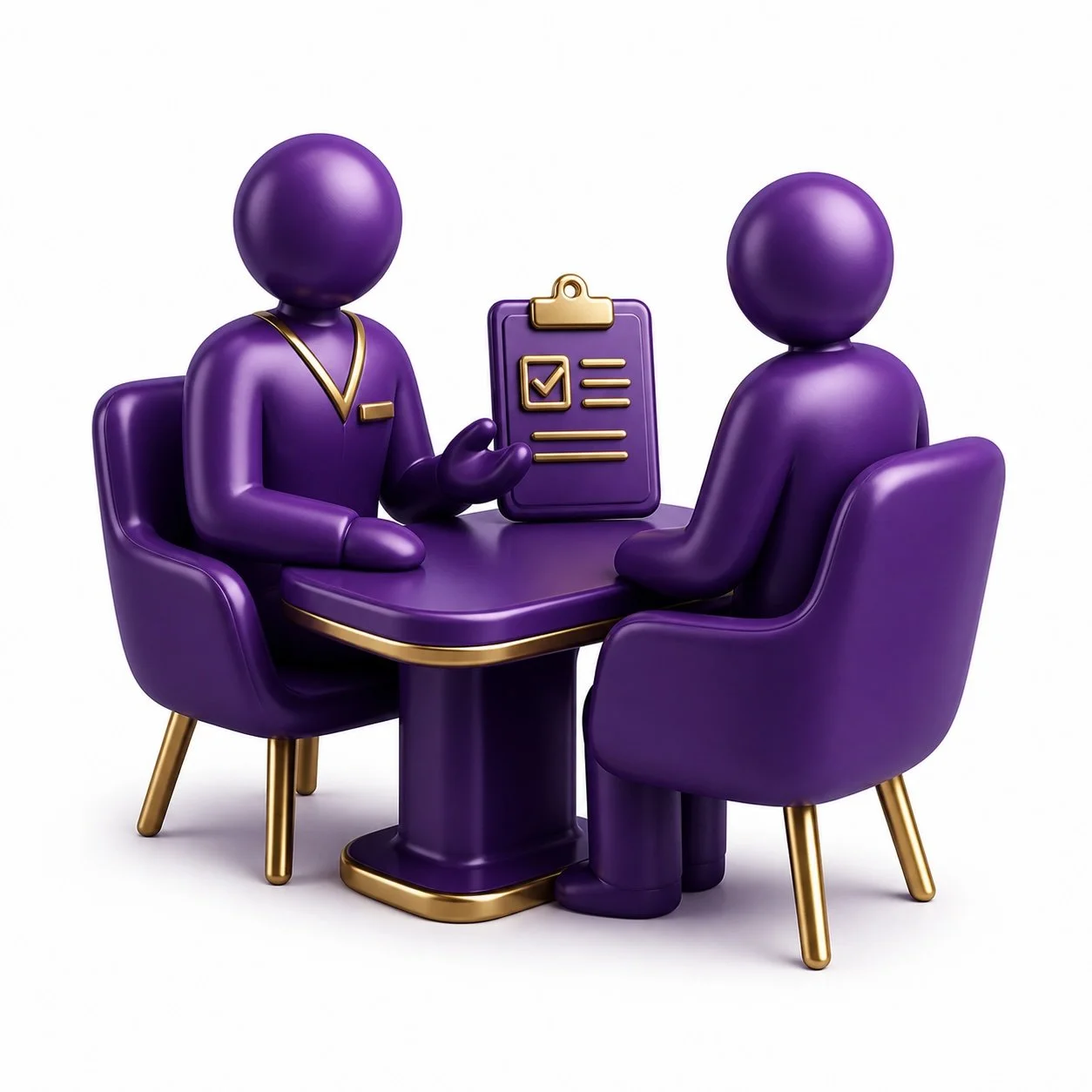 Two purple 3D humanoid figures in a business meeting, sitting across from each other at a table, with one figure gesturing toward a clipboard with a checklist.