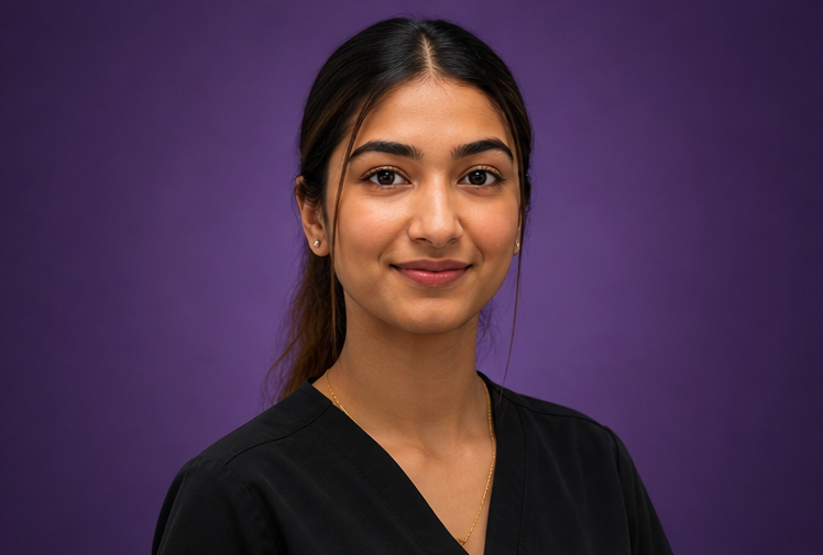 Portrait of a young woman with dark hair and a black top, smiling against a purple background.