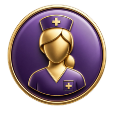 Illustration of a female nurse with a purple background, wearing a nurse's cap and uniform with a medical cross symbol.