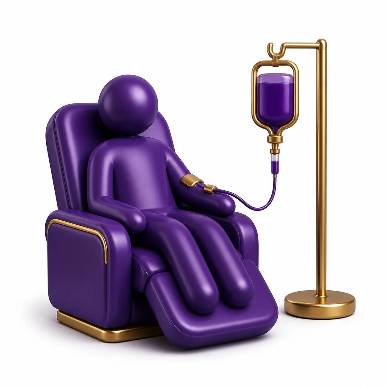 A purple humanoid figure sitting in a purple recliner chair donating blood through a tube connected to a purple fluid bag on a gold stand.