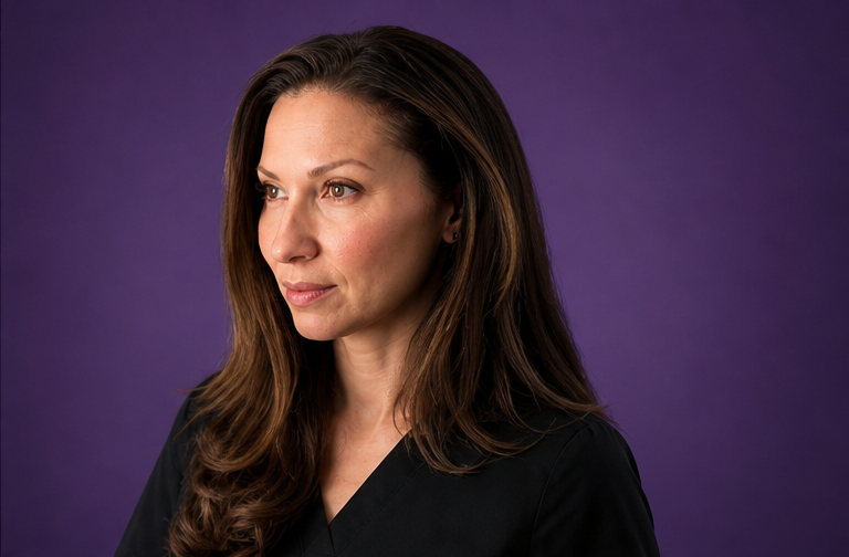 A woman with long brown hair looking to the side against a purple background.