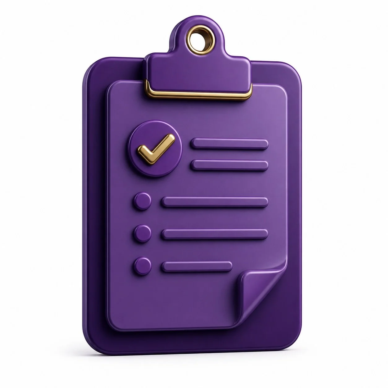 3D illustration of a purple clipboard with a checklist, gold checkmark, and a paper edge visible.