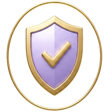 A shield with a purple field and a gold border, featuring a gold check mark in the center.
