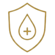 Gold and white shield emblem with a droplet and medical cross inside