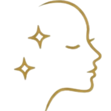 A minimalistic line drawing of a woman's face with glittering stars around her head