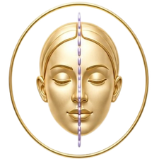 Illustration of a split face demonstrating facial symmetry, with a gold-colored face divided down the middle.
