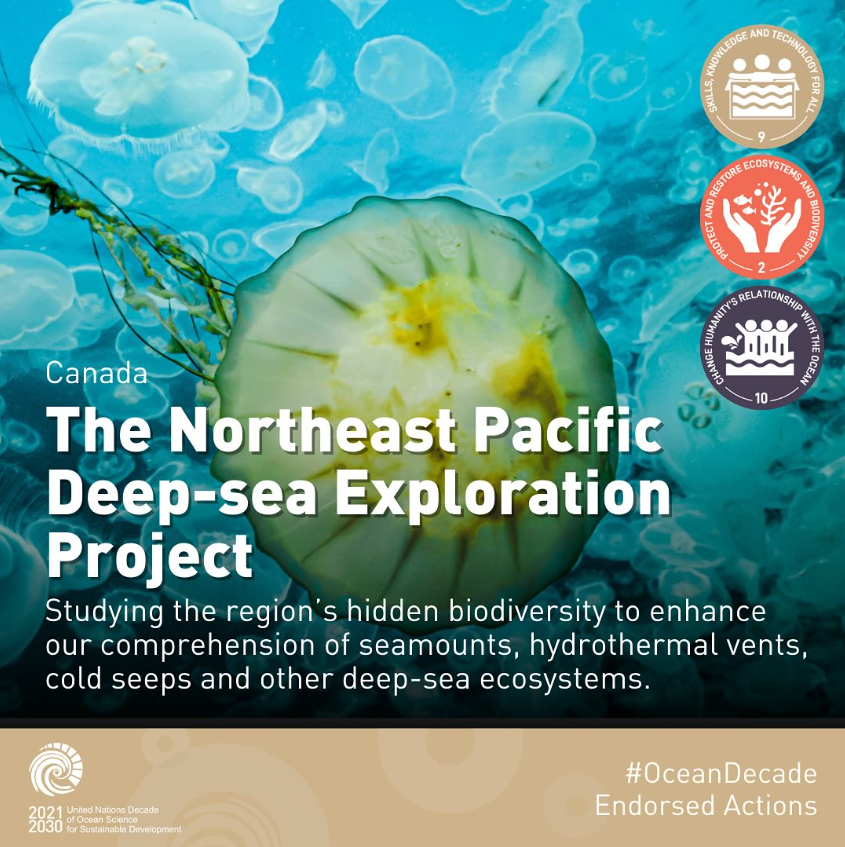 A logo of Ocean Decade endoresement for the NorthEast Pacfic Deep-sea Exploration Project.