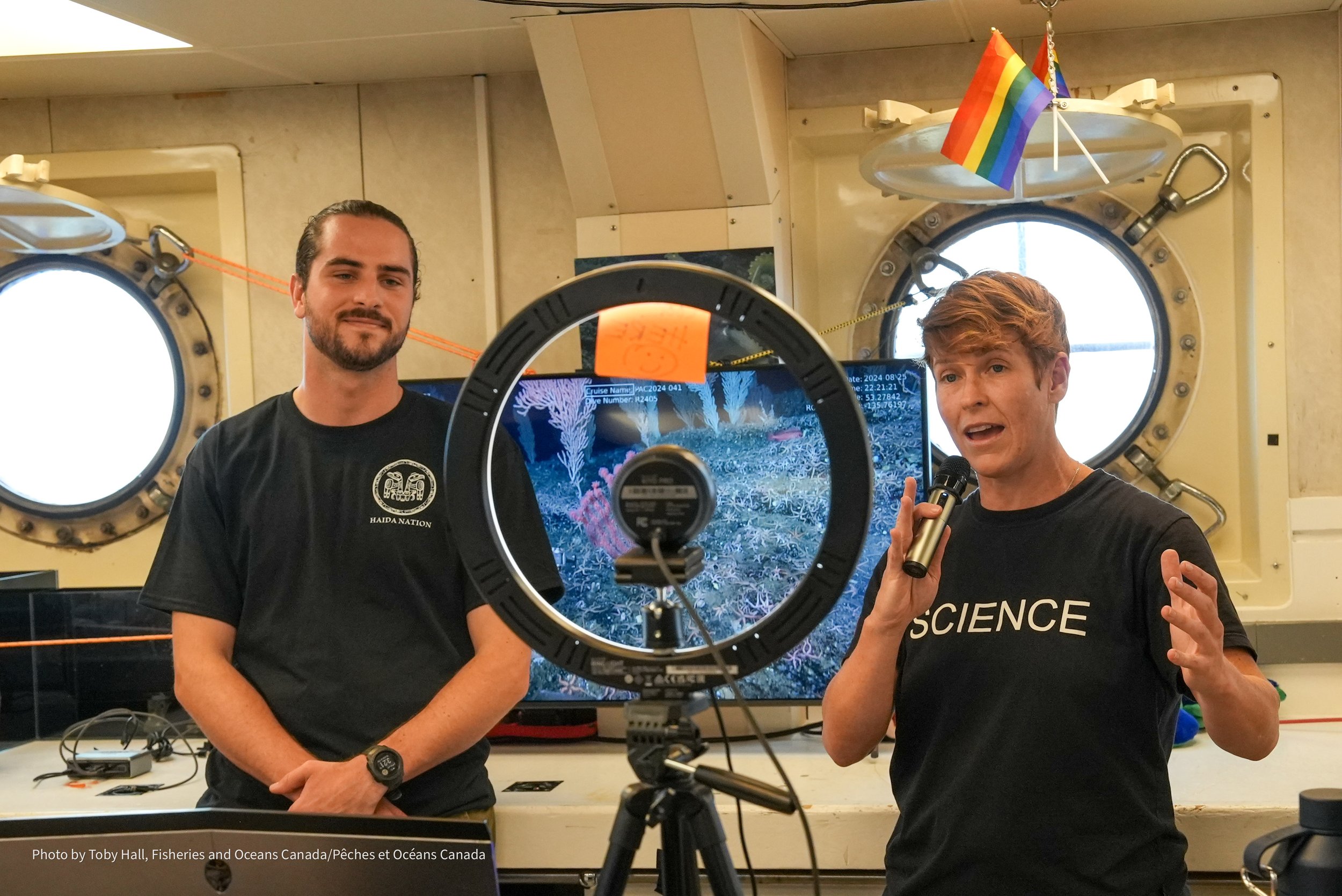 It's important to share our science and discoveries with our local communities and the world! Aiden Schubert (left; CHN) and Cherisse Du Preez (right; DFO) conduct a ship2shore event. Not pictured - amazing support teams from Ocean Networks Canada, C