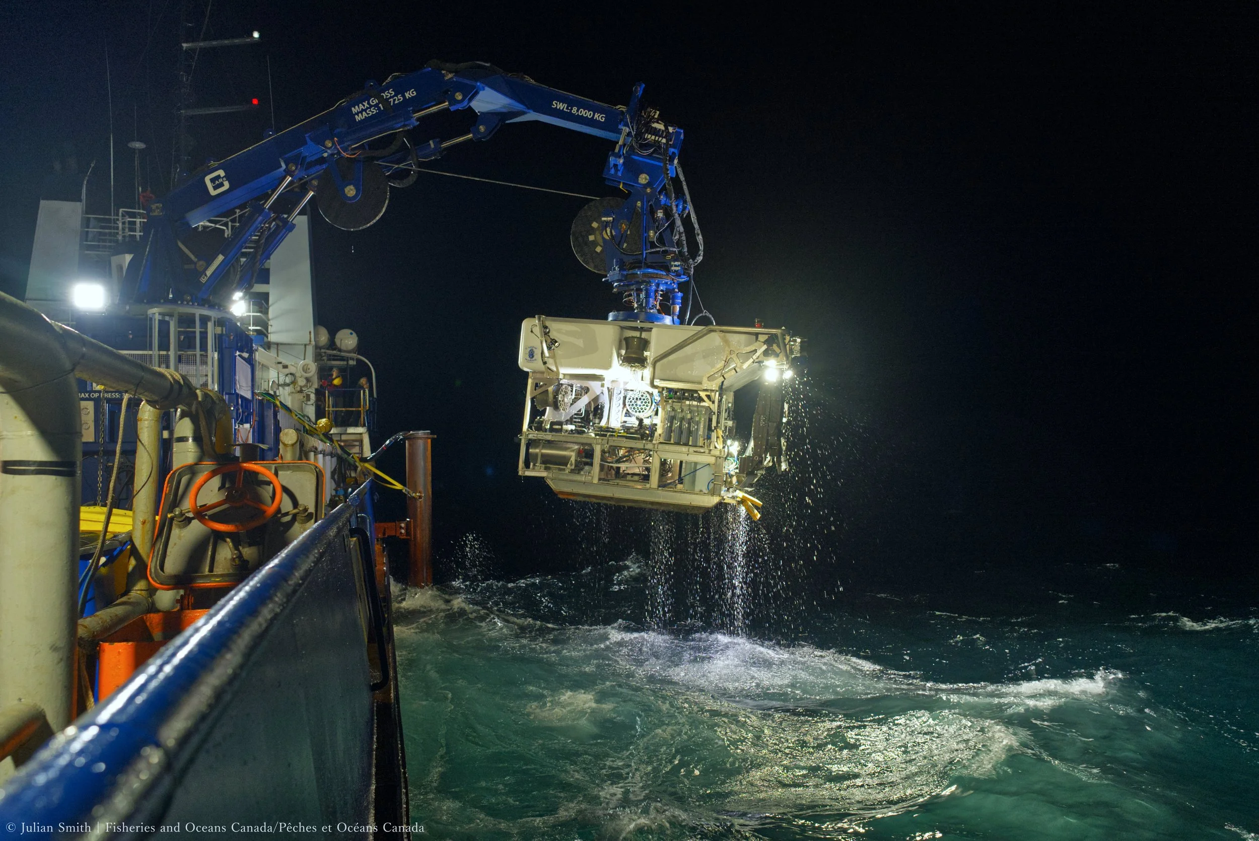 The days are fascinating learning about these incredible places.  Here the CanPac Marine Services' ROV Mantis is recovered late in the night.