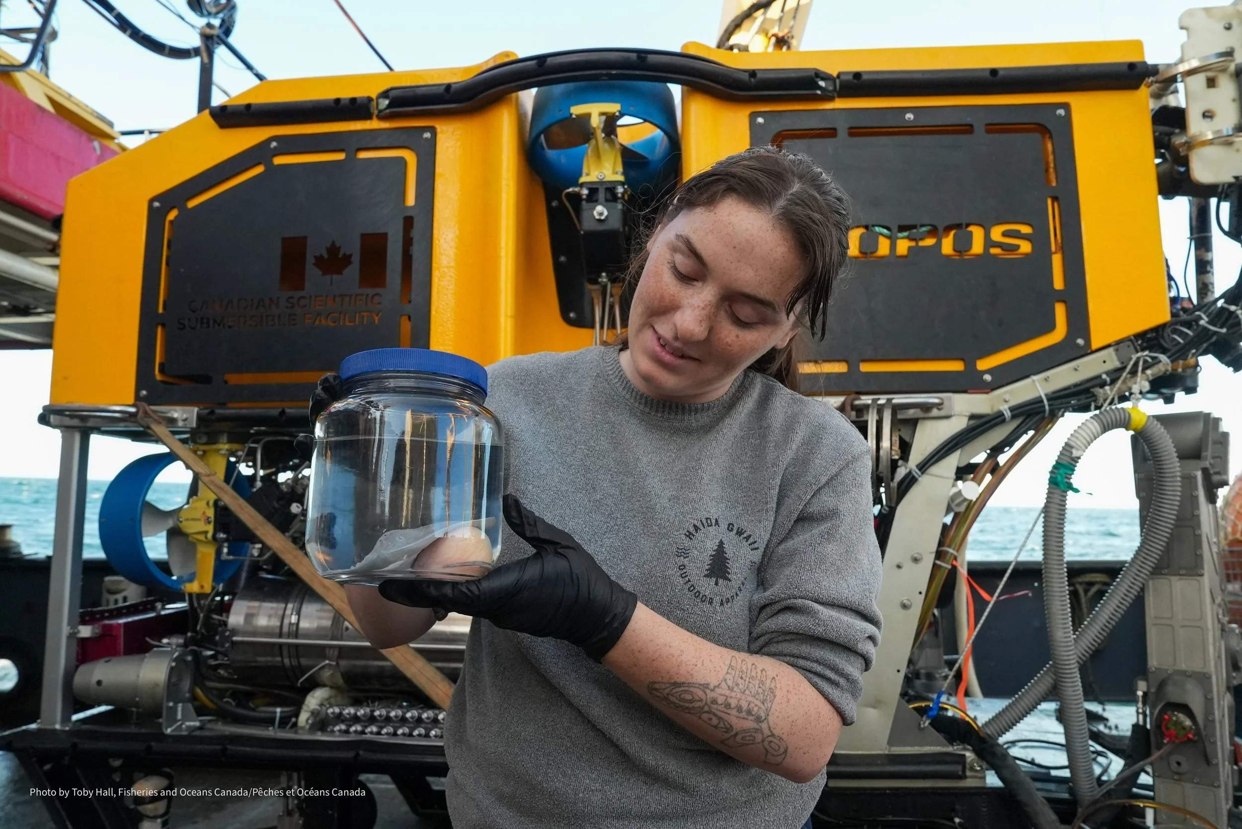 Studying these nursery grounds has been an act of knowledge co production that includes researchers from the Council of the Haida Nation (CHN) and Nuu-chah-nulth Tribal Council.  Tayler Brown (CHN) holds a skate embryo collected for research.
