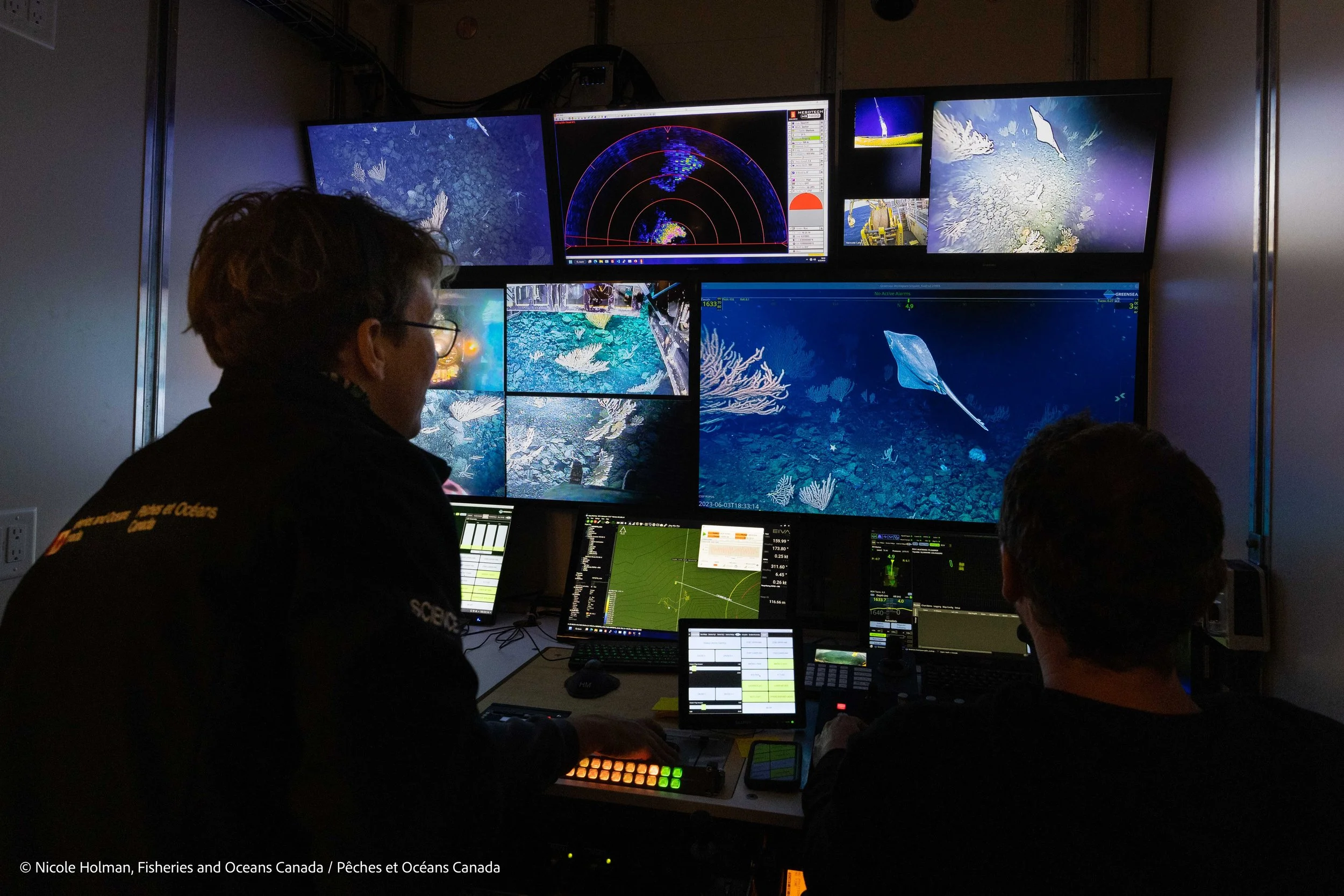 Dr Cherisse Du Preez (left) directs a dive documenting the skate nursery from the control room for ROV ROPOS.