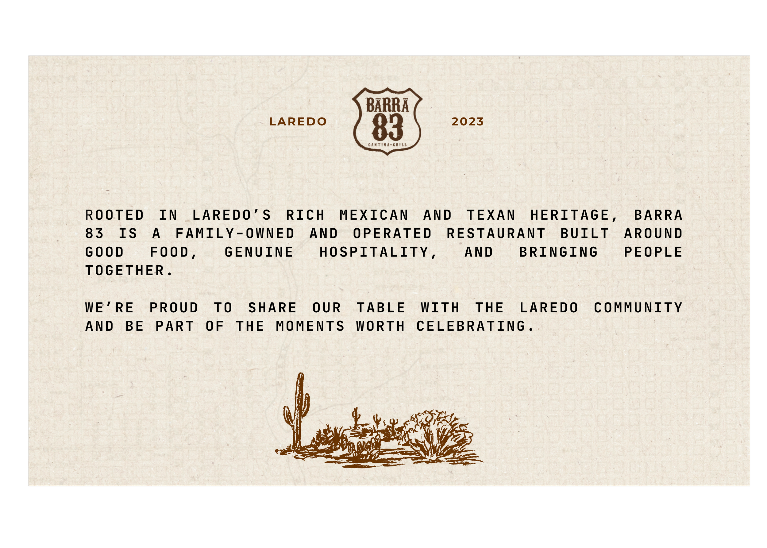 Restaurant menu or invitation featuring a desert scene with cacti, the name Barrã 83, located in Laredo, Texas, 2023.