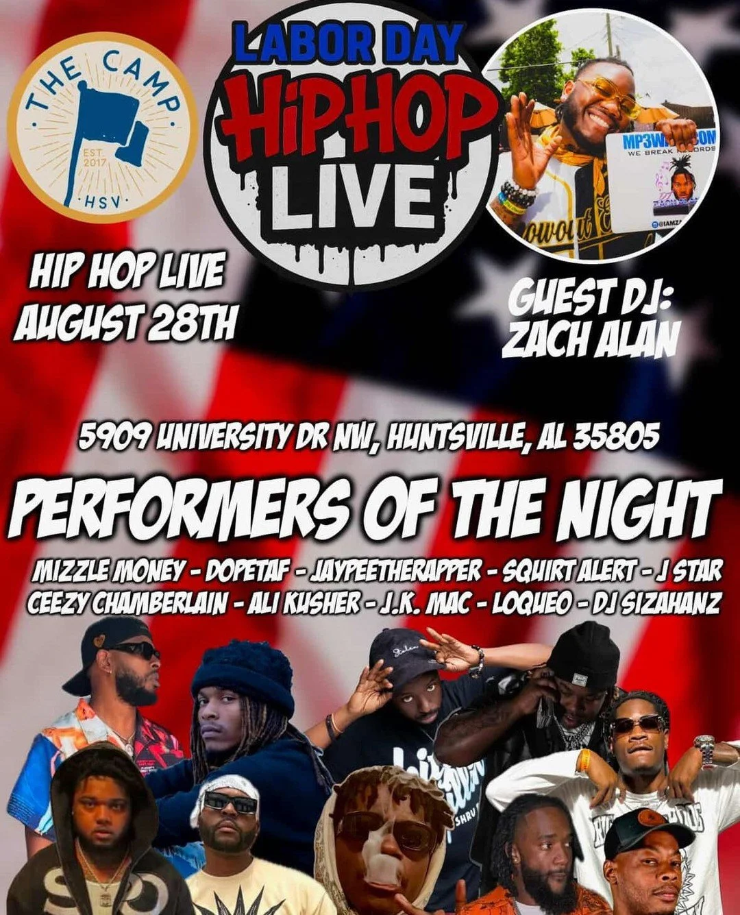 🔥🎤🎵Hip Hop LIVE is back to kick off your Labor Day weekend early on Thursday, August 28!!! We kick it off at 7pm. Come on out for a night full of vibes, amazing music, food and drinks from The Camp, and so much more.⁠
⁠
🎤Performances by🎤⁠
Mizzle