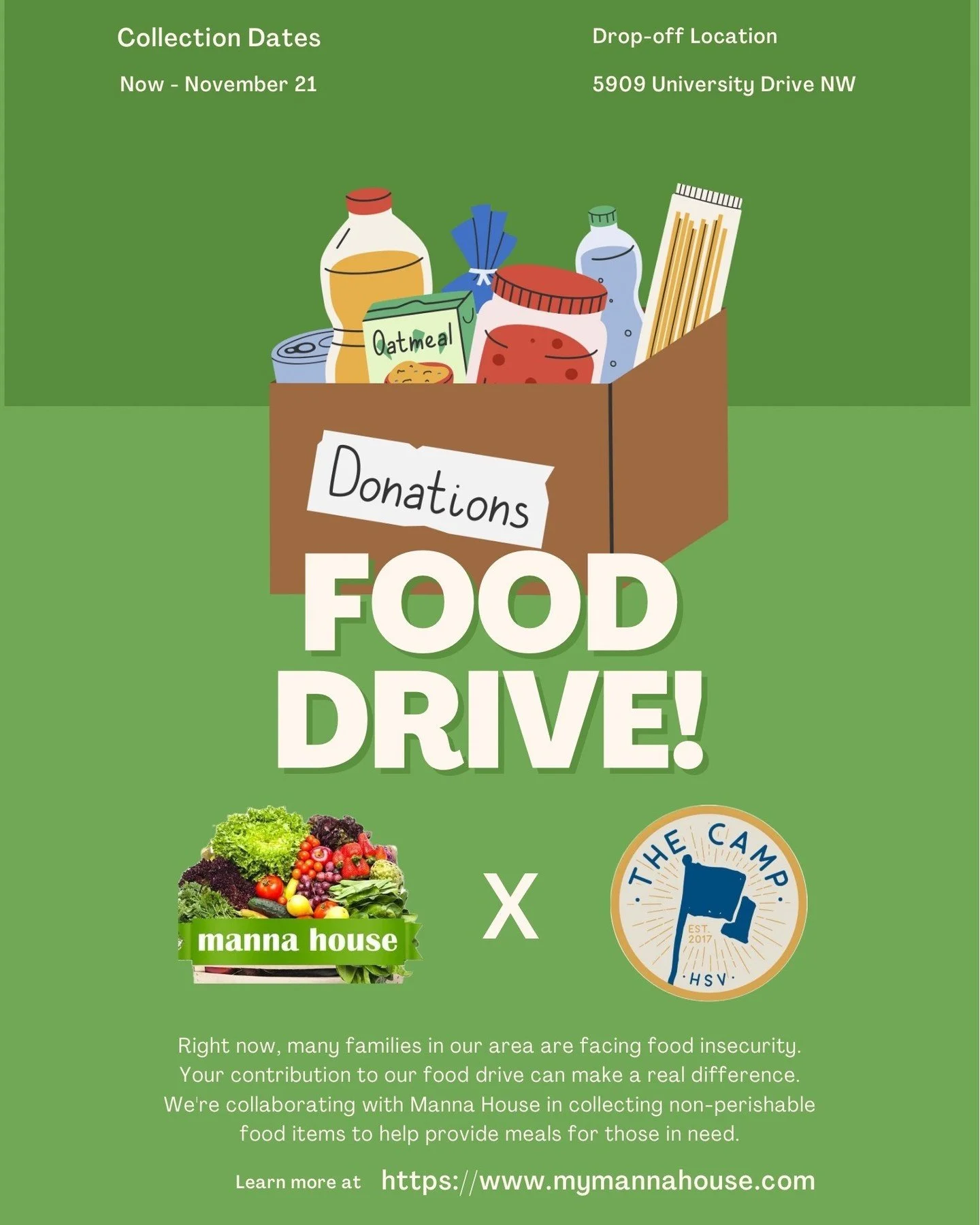 We're partnering with Manna House to collect food donations during the month of November! Swing by any time during The Camp's open hours and drop off your non-perishable food donations in the box near the front stage. 

We'll wrap up the month with a