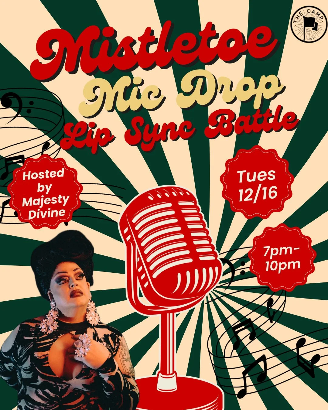 🎤 🎄 Join us for the Mistletoe Mic Drop Lip Sync Battle at The Camp on Tuesday, December 16!! All the fun kicks off at 7pm. 

-$100 gift card for BEST PERFORMANCE
-DRESS UP LIKE YOUR FAVE CELEBRITY &amp; SING THEIR HOLIDAY SONG

Get here early to ge