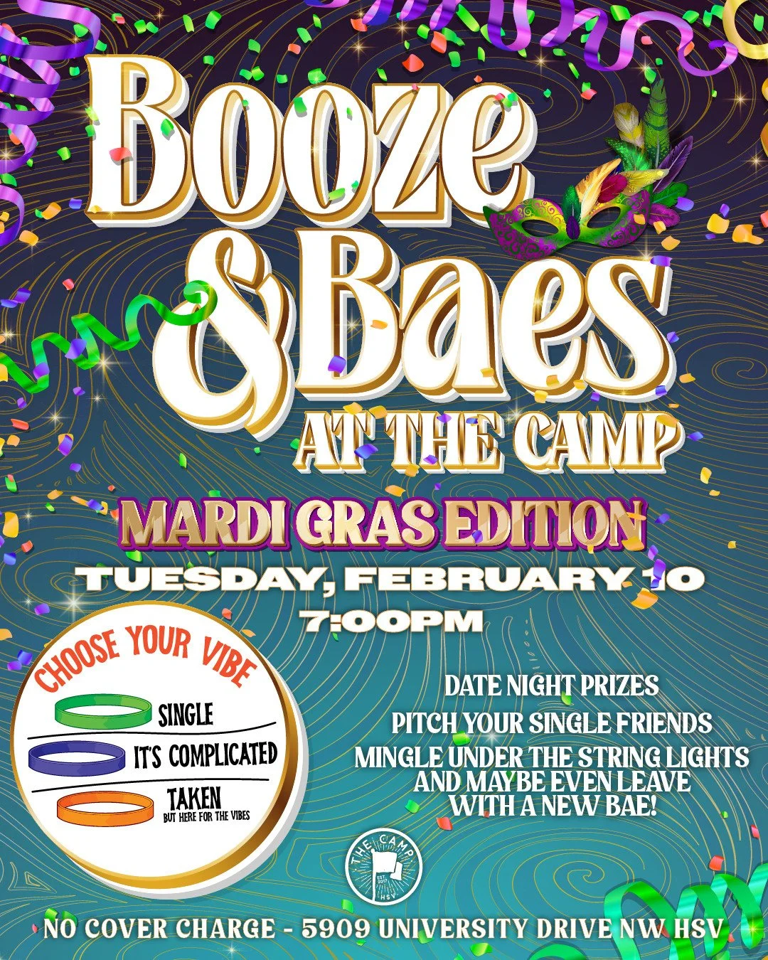 🎉 Throw on your beads, grab a drink, and let the good times (and connections) roll! Booze and Baes will be back for an epic Mardi Gras Singles Night on Tuesday, February 10! 

We open at 4pm, and the mingling and mixing begins at 7pm! 🍻 

🤔Do you 