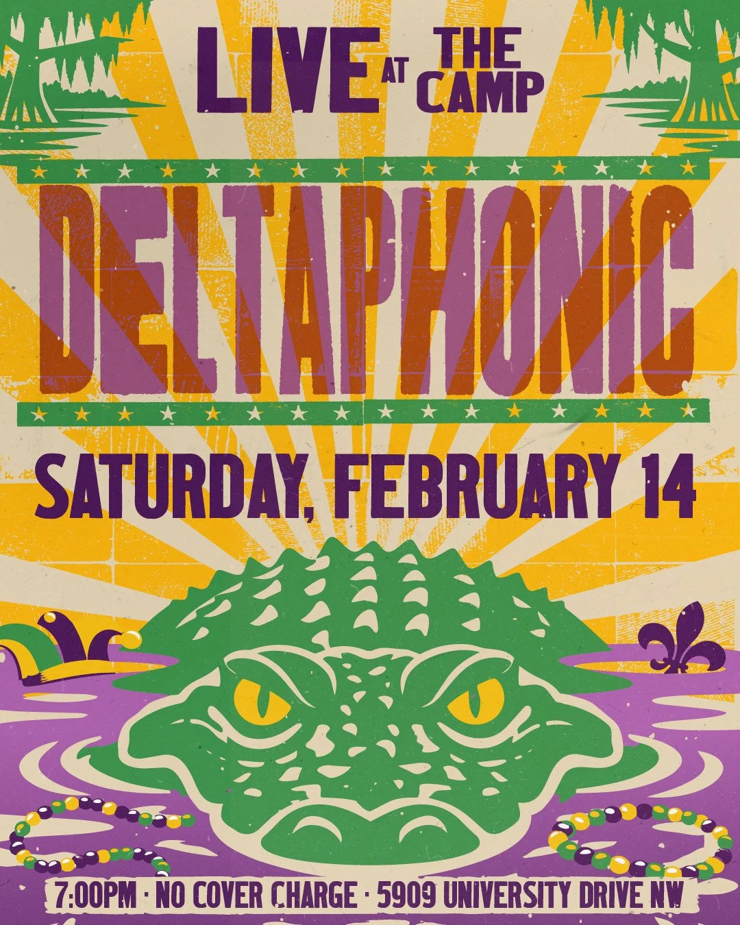 🎶At the crossroads of Southern rock, blues, and New Orleans funk &amp; soul, meet Deltaphonic 🐊 🔥

@deltaph0nic

Catch Deltaphonic LIVE at The Camp on Saturday, February 14th @ 7pm.
🎟️ No cover charge, just great music and all those fun Mardi Gra