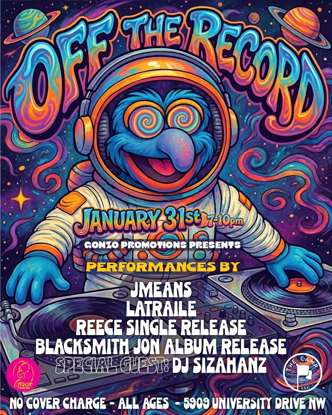 🚀💫Gonzo Promotions presents: OFF THE RECORD at The Camp 

Join us on Saturday, January 31st at 7pm for an amazing night of local music and community!

✨Performing Artists✨
-JMeans
-LaTraile
-REECE (releasing a single 🎶)
-Blacksmith Jon (releasing 