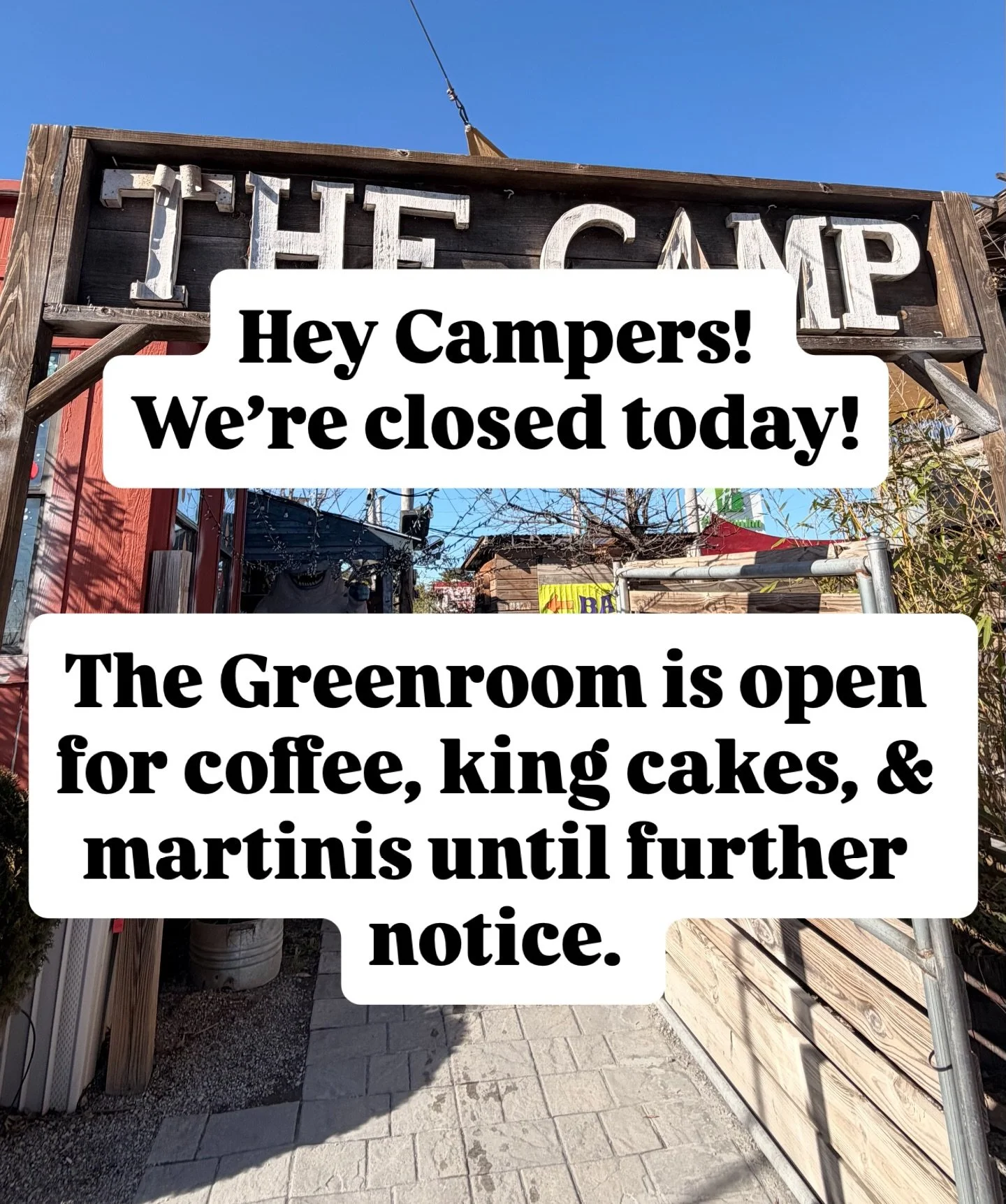 ⛺️The Camp will be CLOSED today - stay warm out there, Campers! 

☕️ * update - The Greenroom is closing at 1:00pm today 1/24. 

➡️Stay tuned for more updates in our story. 

5909 University Drive NW