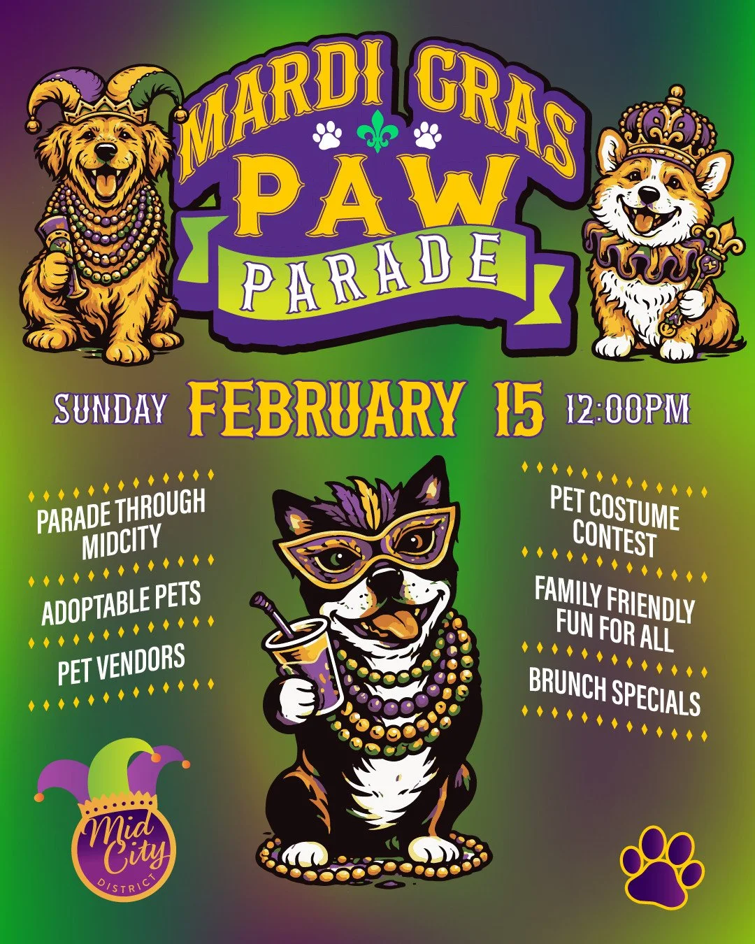 📣The MidCity Mardi Gras Paw Parade Registration is LIVE! Click the link in our bio to register to walk with your dogs in our paw parade on Sunday, February 15 at 12:00pm!📣

➡️A portion of all registrations will be donated to benefit local dog rescu