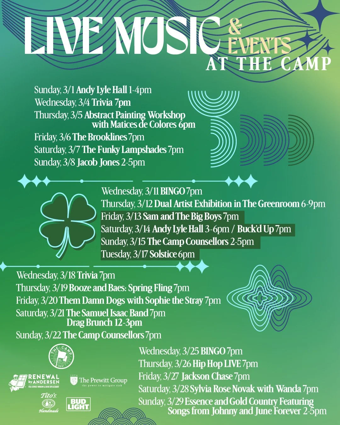 March calendar is here! Make plans to join us this month :)

✨Sunday, 3/1 Andy Lyle Hall 1-4pm
✨Wednesday, 3/4 Music Trivia 7pm
✨Thursday, 3/5 Abstract Painting Workshop with Matices de Colores 6pm / Cinco de Drinko 5pm / *new addition* Tim Tucker 7p